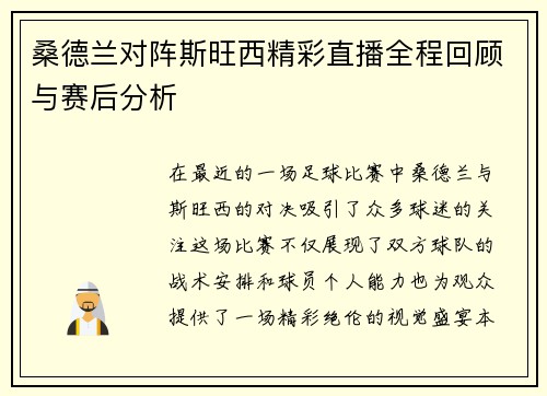 桑德兰对阵斯旺西精彩直播全程回顾与赛后分析